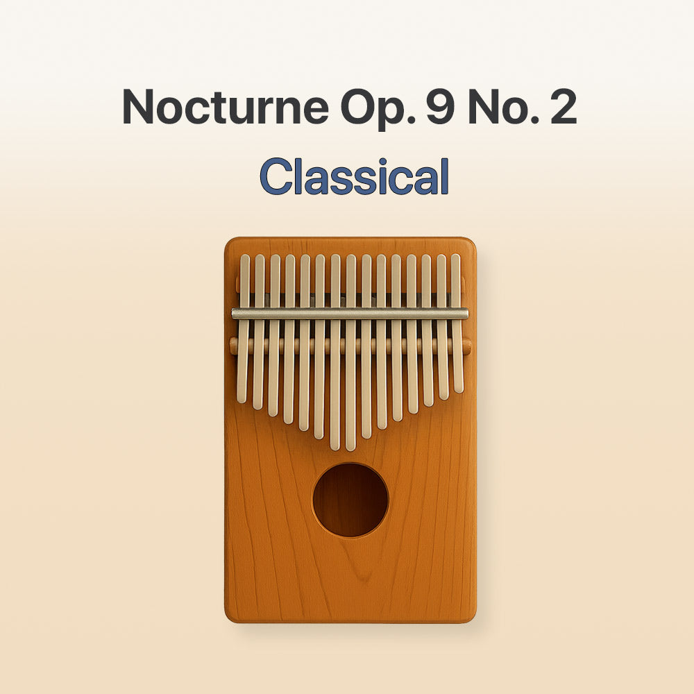 Wooden kalimba with metal tines on a beige background, labeled 'Nocturne Op. 9 No. 2 Classical'.
