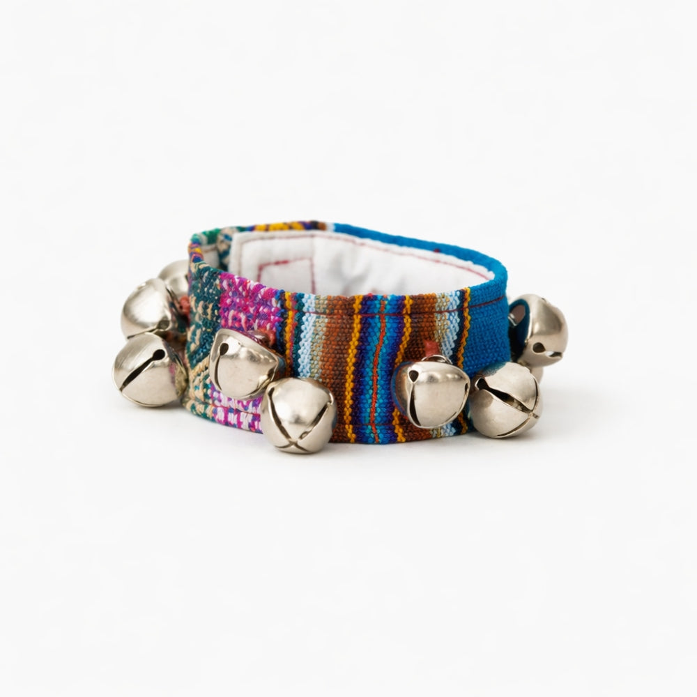 Multicoloured picota wrist ankle bells with silver bells on a white background