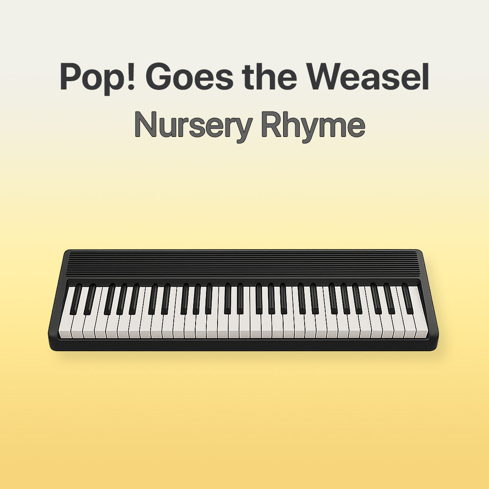 Keyboard on a yellow background with text 'Pop! Goes the Weasel Nursery Rhyme'