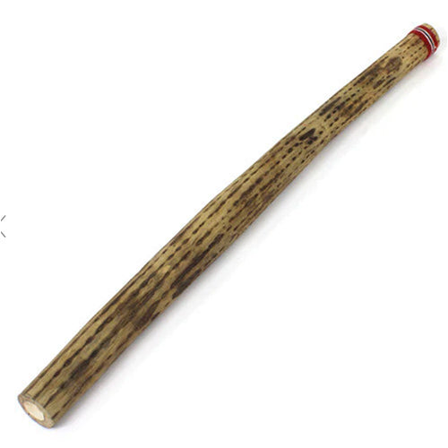 A large cylindrical cactus rainstick made from deadwood with a colorful woven band on one end.