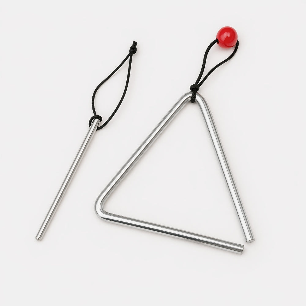 Metal triangle percussion instrument with a red bead on a white background