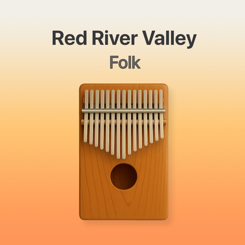 Wooden kalimba with metal tines on a gradient background, featuring 'Red River Valley Folk' text.