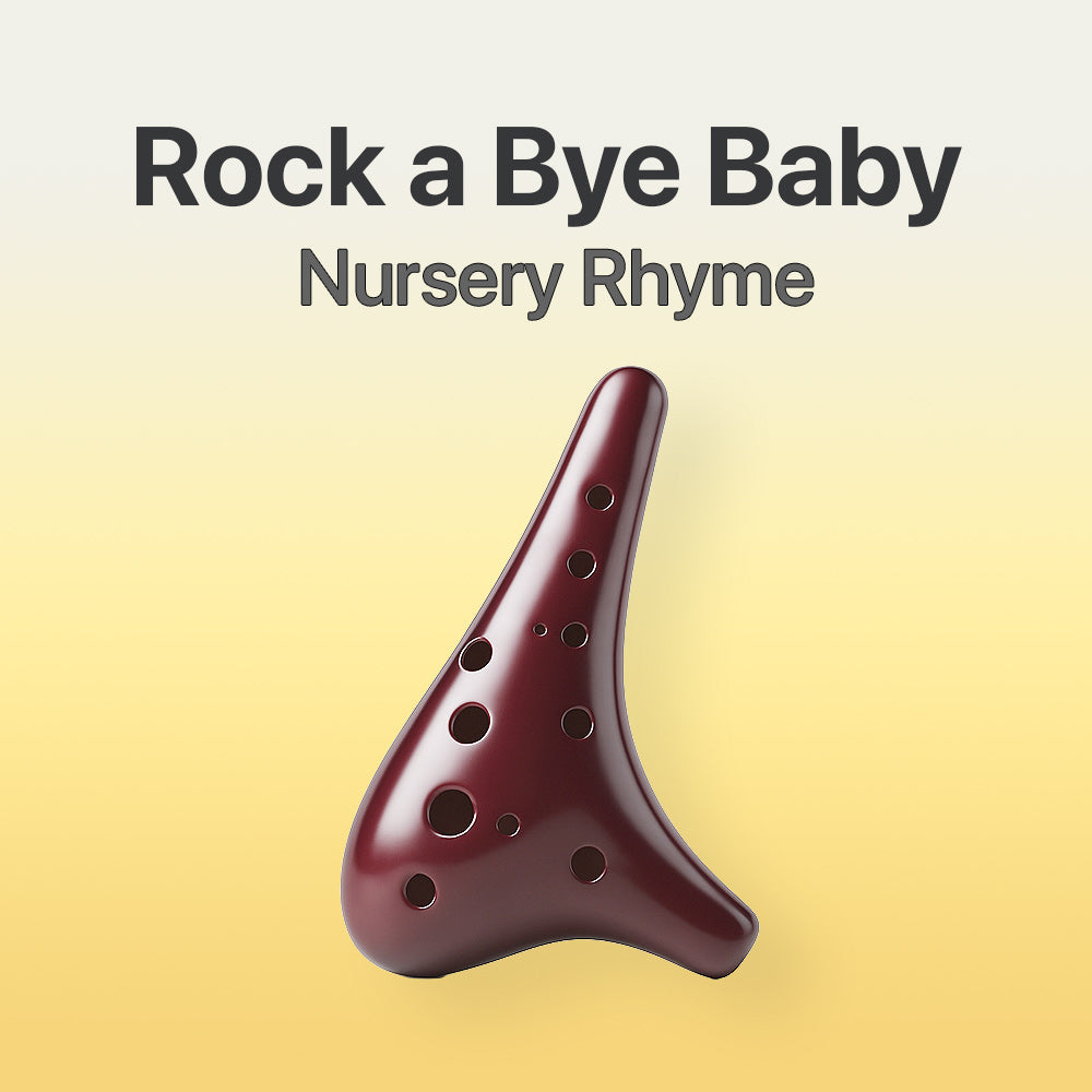 Wooden ocarina with 'Rock a Bye Baby' nursery rhyme text on a gradient background