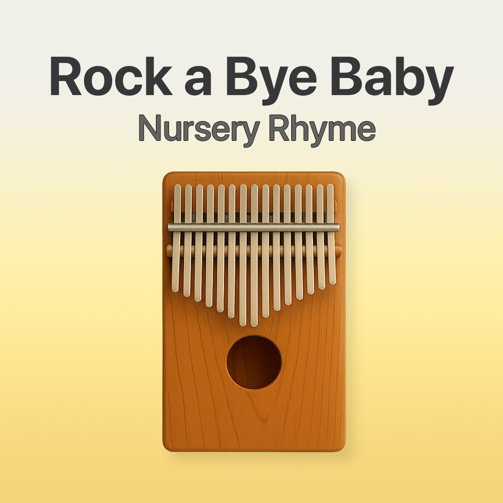 Wooden kalimba with text 'Rock a Bye Baby Nursery Rhyme' on a gradient background