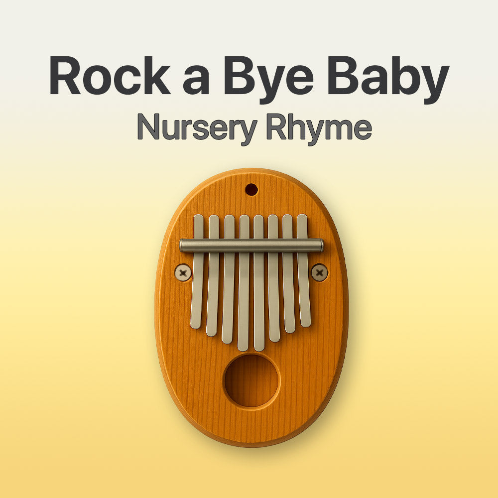 Wooden kalimba with text 'Rock a Bye Baby Nursery Rhyme' on a beige background