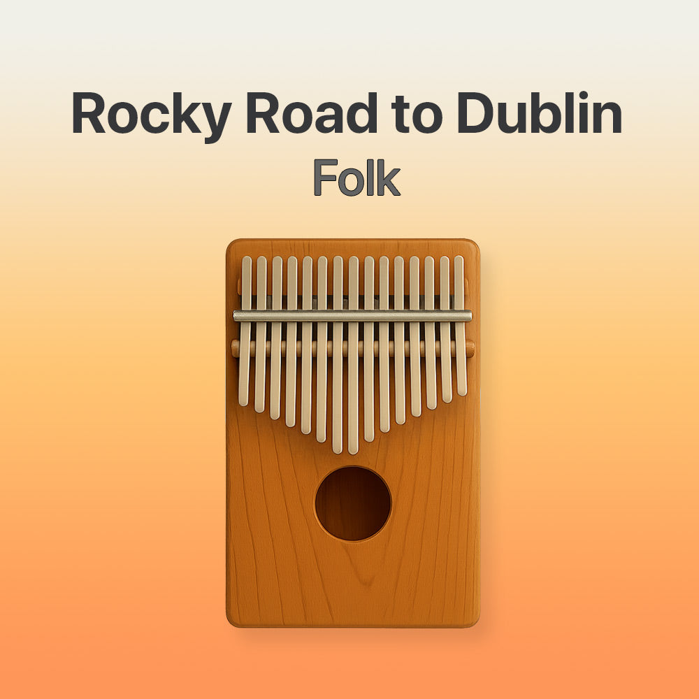 Wooden kalimba with 'Rocky Road to Dublin Folk' text on a gradient background