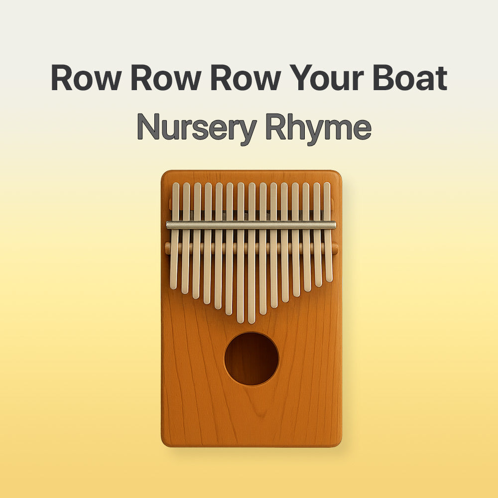 Wooden kalimba with text 'Row Row Row Your Boat Nursery Rhyme' on a yellow background