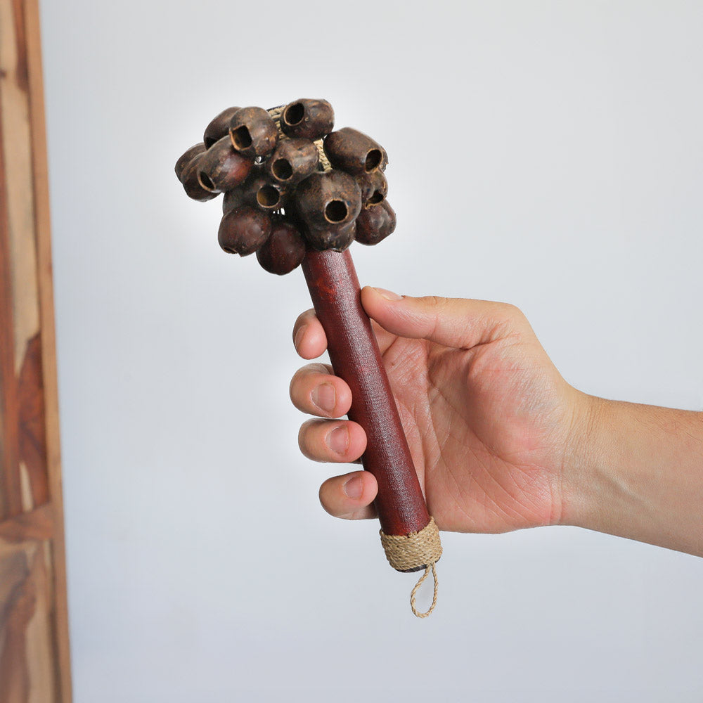 red and brown rubber seed shaker in hand