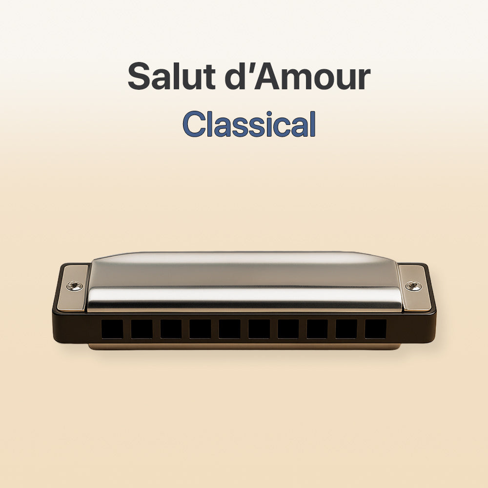 Harmonica with 'Salut d'Amour Classical' text on a beige background