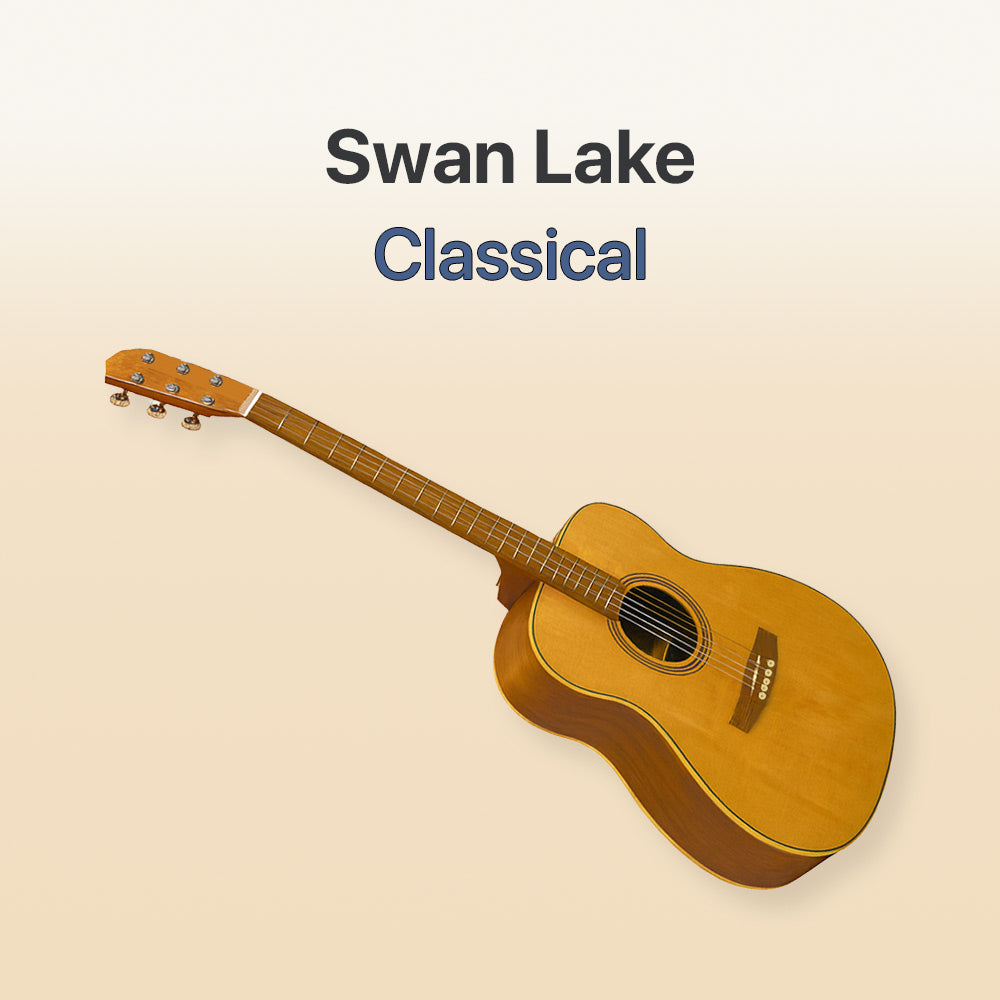 Acoustic guitar with 'Swan Lake Classical' text on a beige background