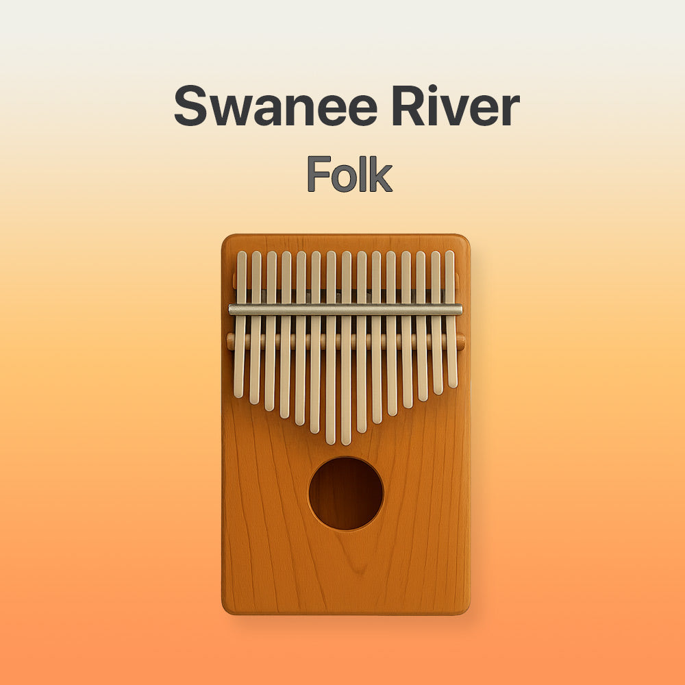 Wooden kalimba with metal tines on a gradient background, featuring the text 'Swanee River Folk'.