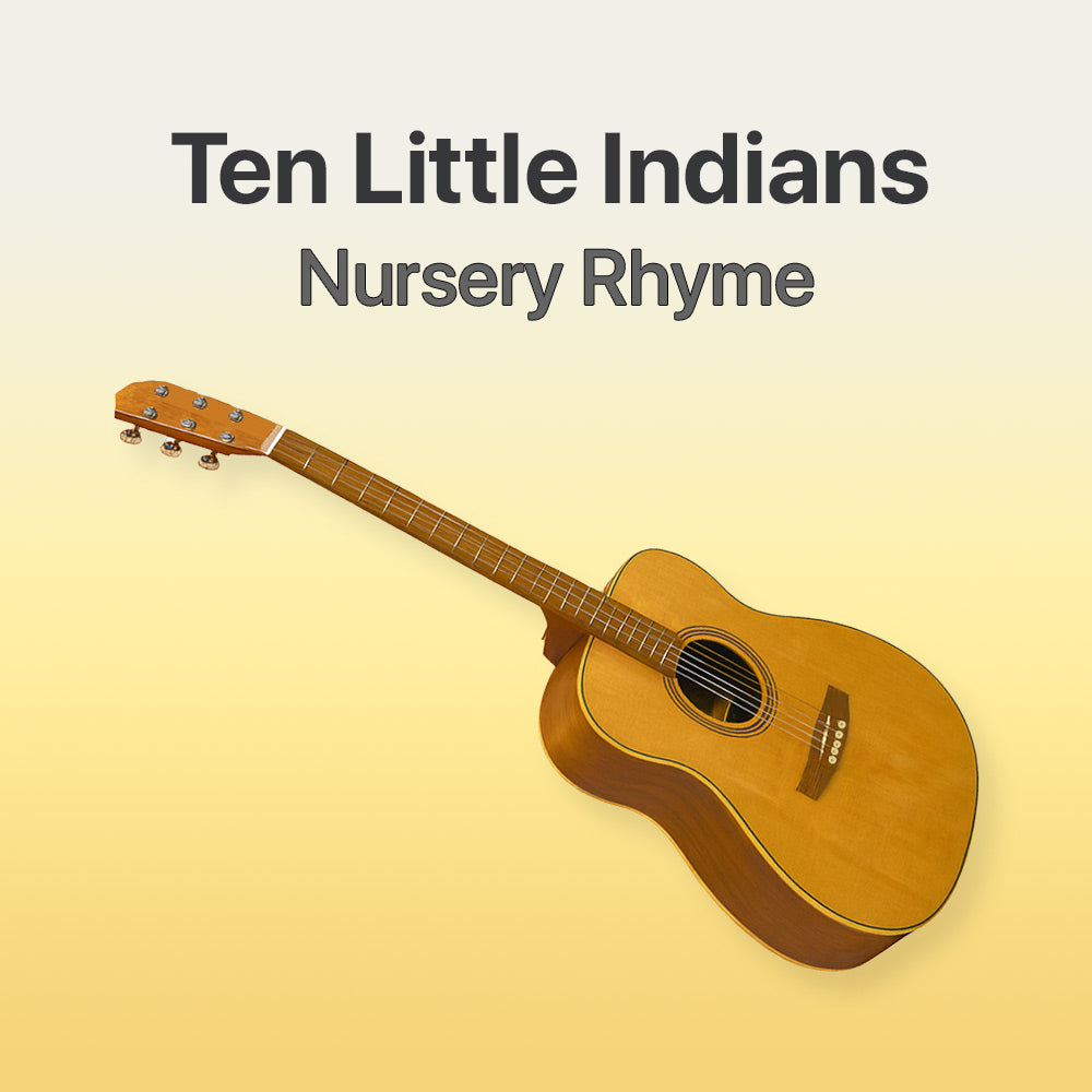 Acoustic guitar on a yellow background with 'Ten Little Indians Nursery Rhyme' text.