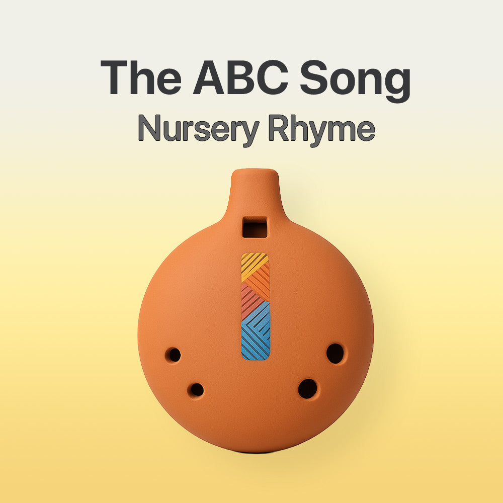 Terracotta-colored instrument with colorful design on a gradient background, featuring text 'The ABC Song Nursery Rhyme'.
