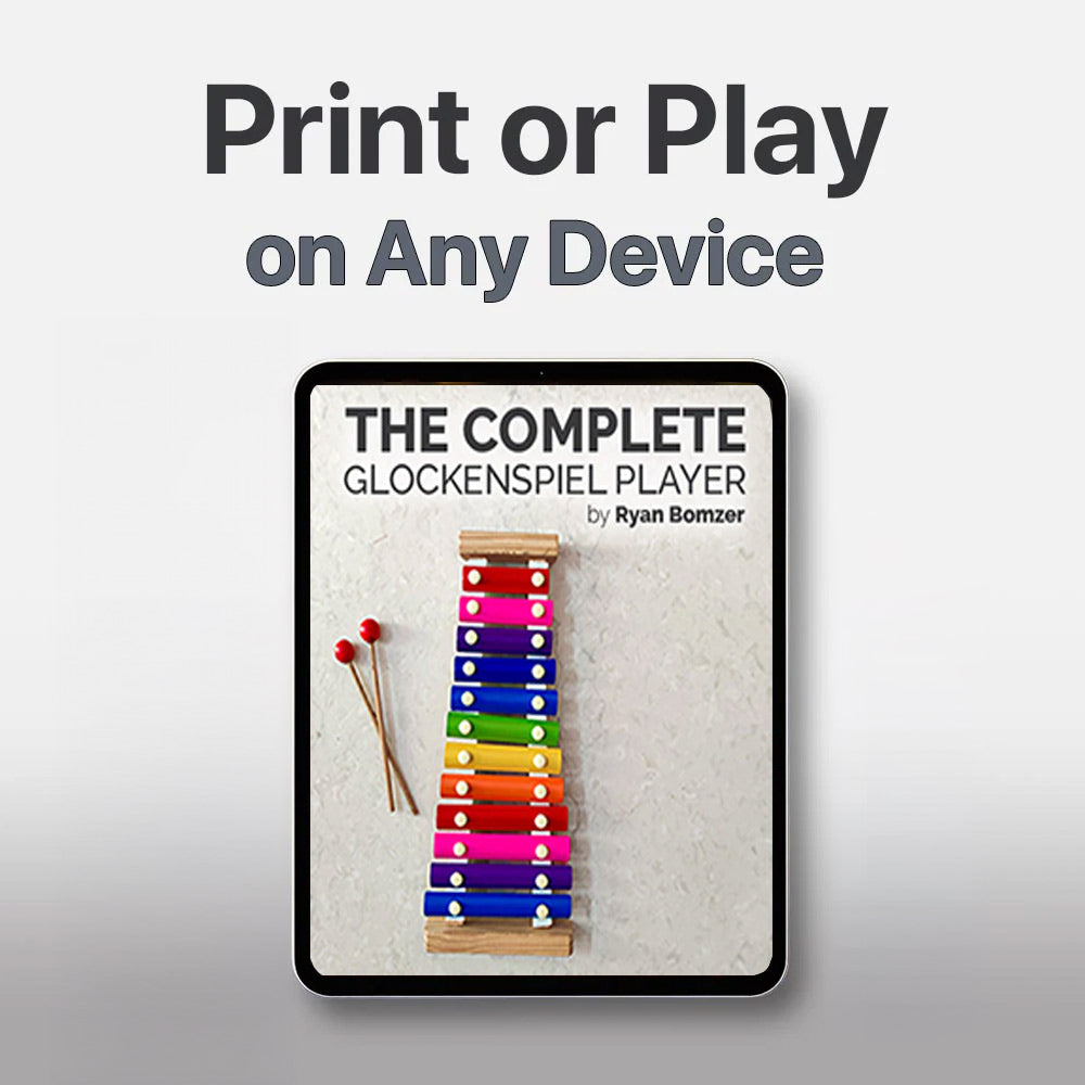 Ebook cover of 'The Complete Glockenspiel Player' by Ryan Bomzer with a colorful glockenspiel and mallets on a light background.