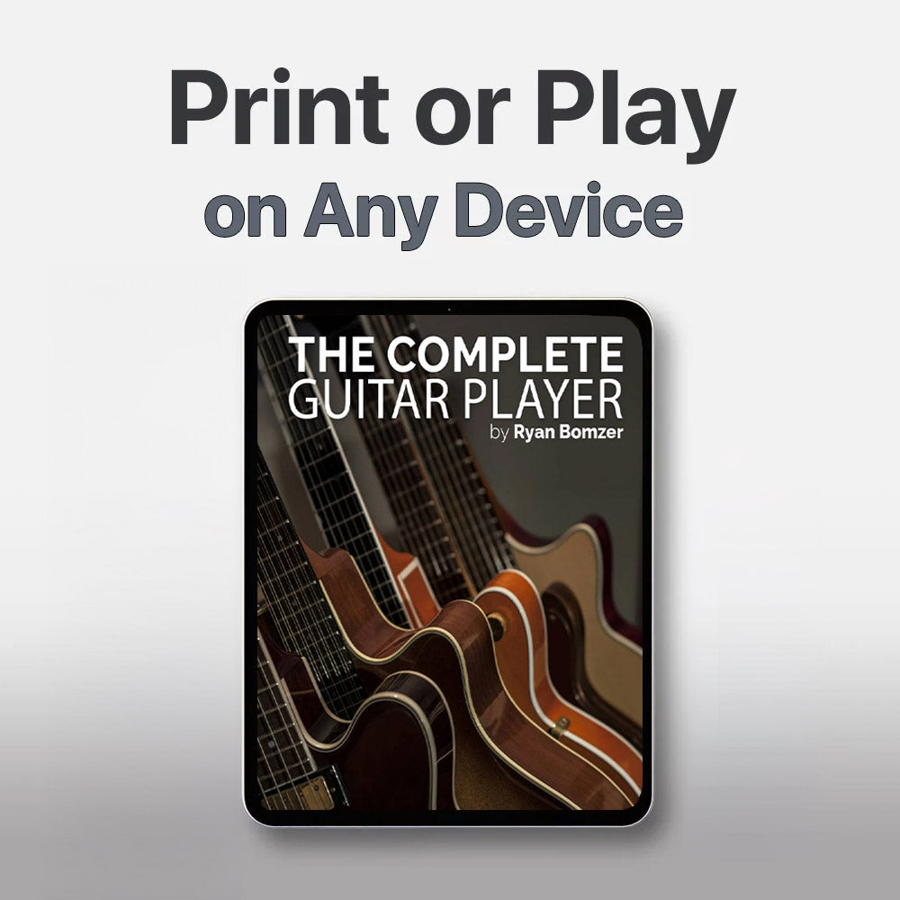 Book titled 'The Complete Guitar Player' by Ryan Bomzer with guitars on a gray background.