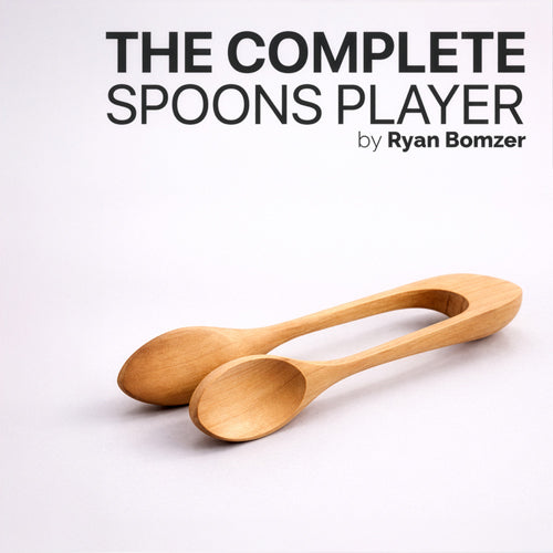 Two wooden spoons on a beige background with text 'The Complete Spoons Player by Ryan Bomzer'.