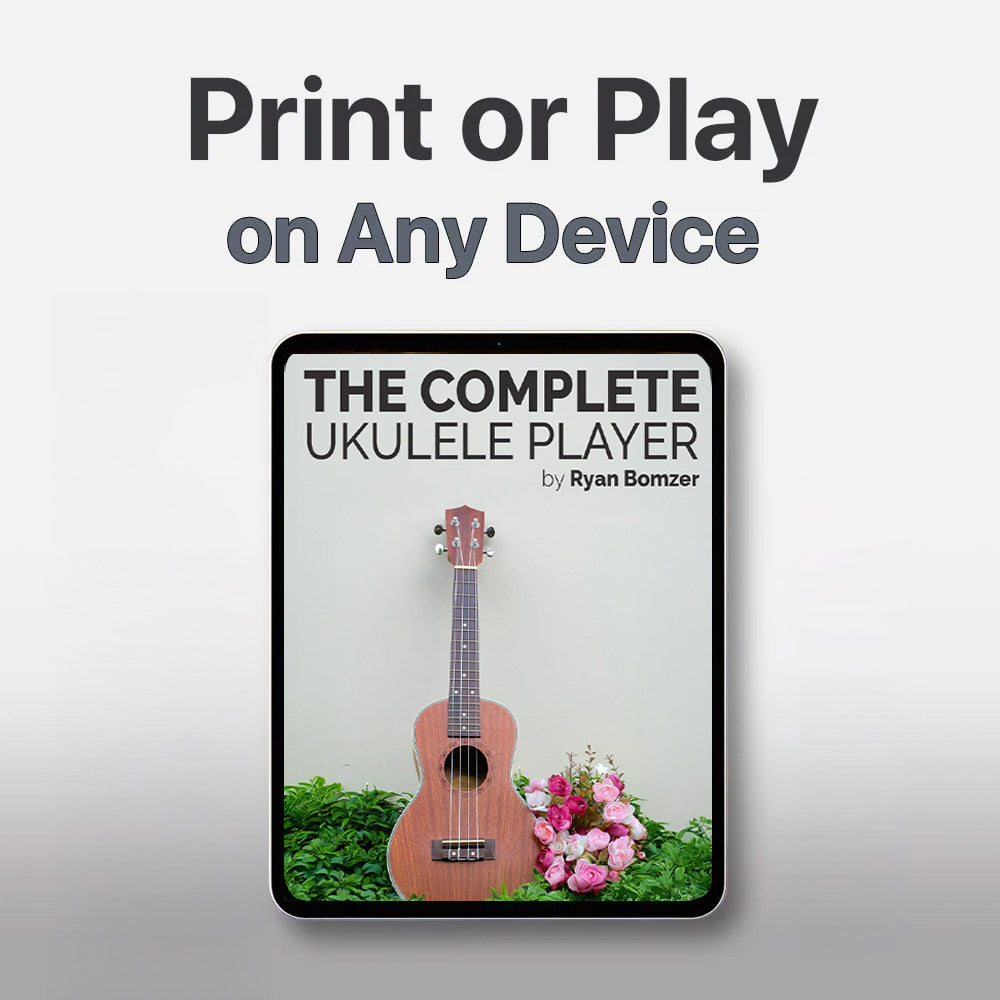 Book titled 'The Complete Ukulele Player' by Ryan Bomzer with a ukulele and flowers on the cover against a light gray background.
