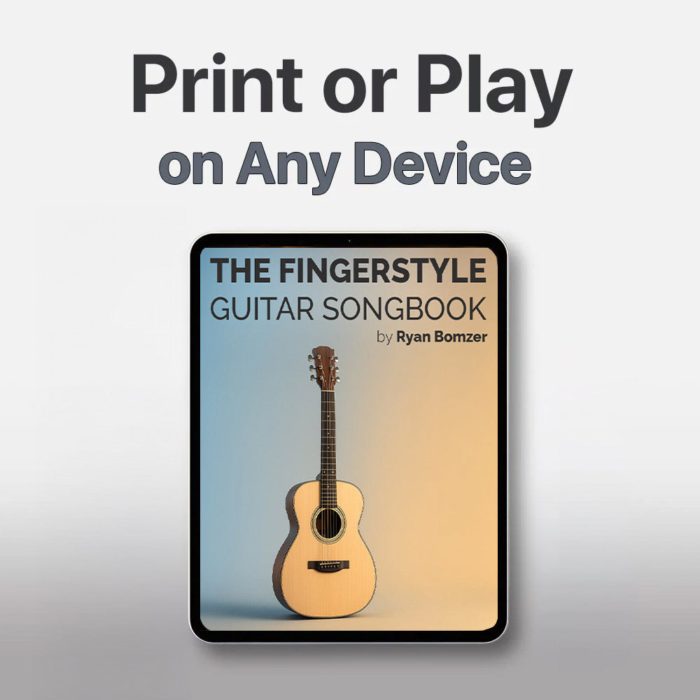 Digital version of 'The Fingerstyle Guitar Songbook' by Ryan Bomzer on a tablet screen with a guitar illustration.