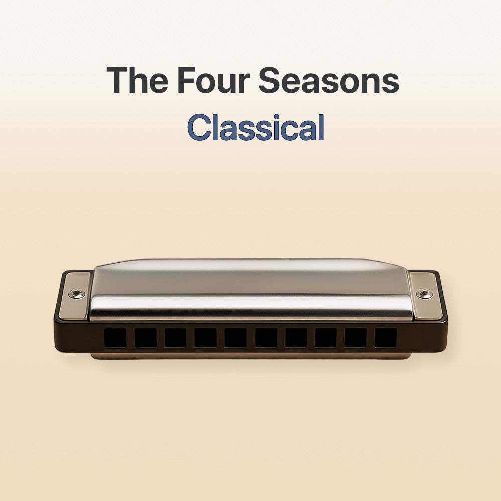 Harmonica with 'The Four Seasons Classical' text on a beige background