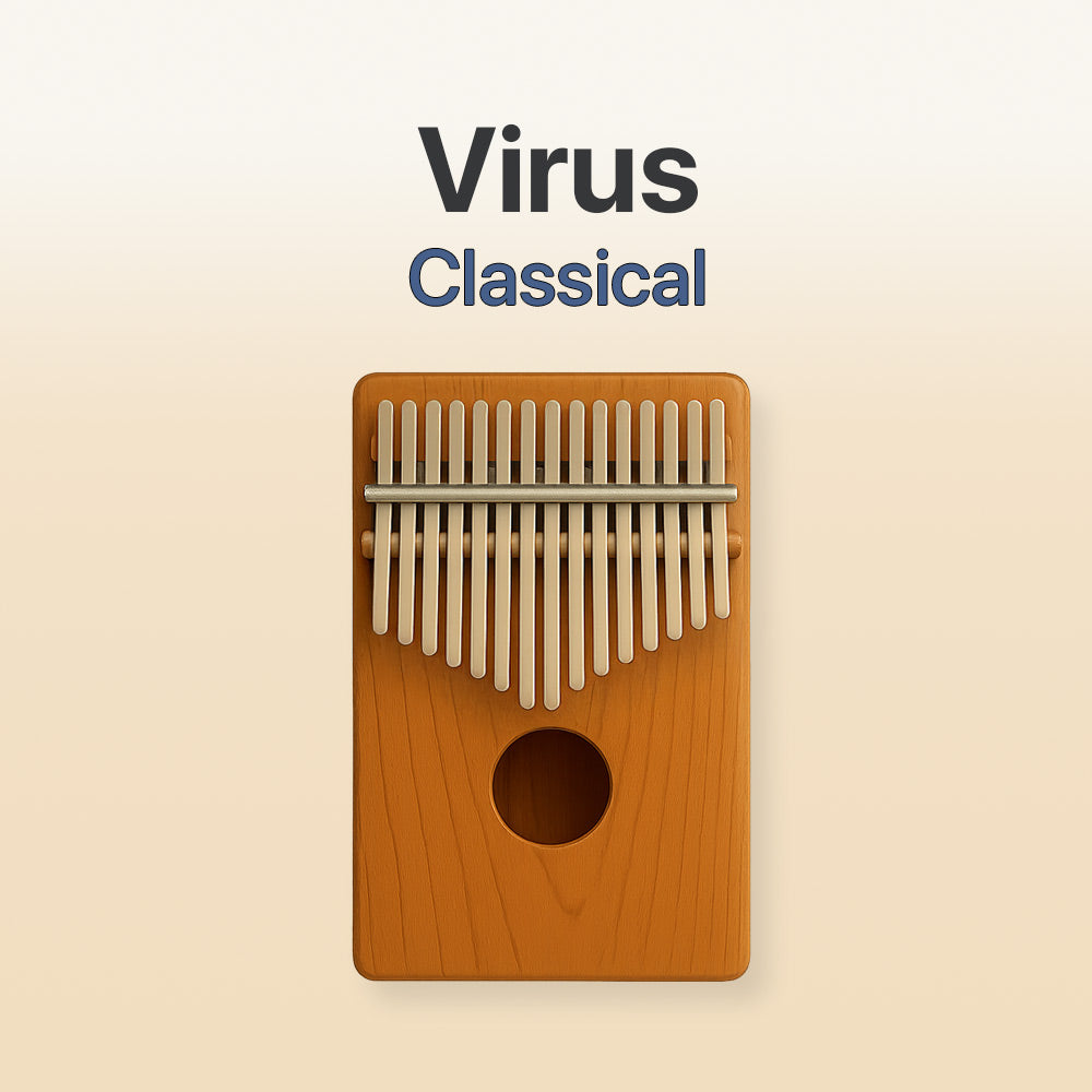 Wooden kalimba with metal tines on a beige background, featuring the song 'Virus'.