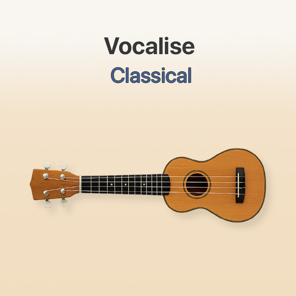 Wooden ukulele on a beige background with 'Vocalise Classical' text.