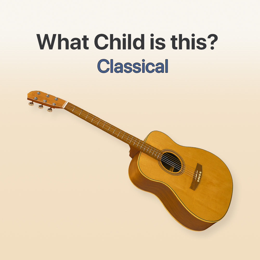 Acoustic guitar on a beige background with text 'What Child is this? Classical'.