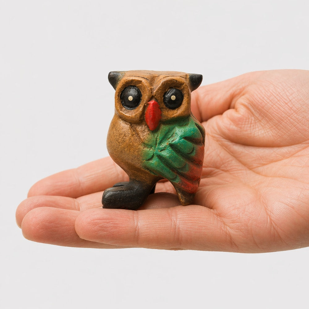 Hand holding a small wooden owl figurine against a plain background