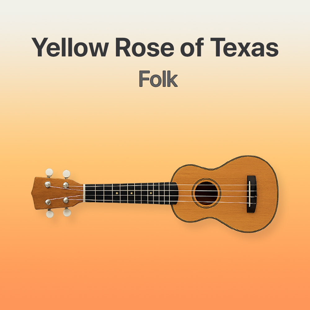 Ukulele with 'Yellow Rose of Texas Folk' text on a gradient background