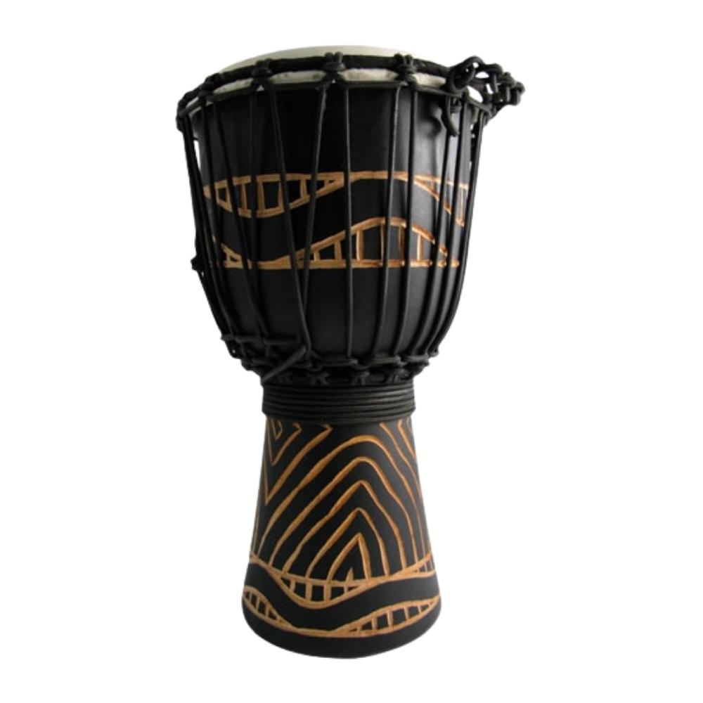 black and brown african design djembe drum carved