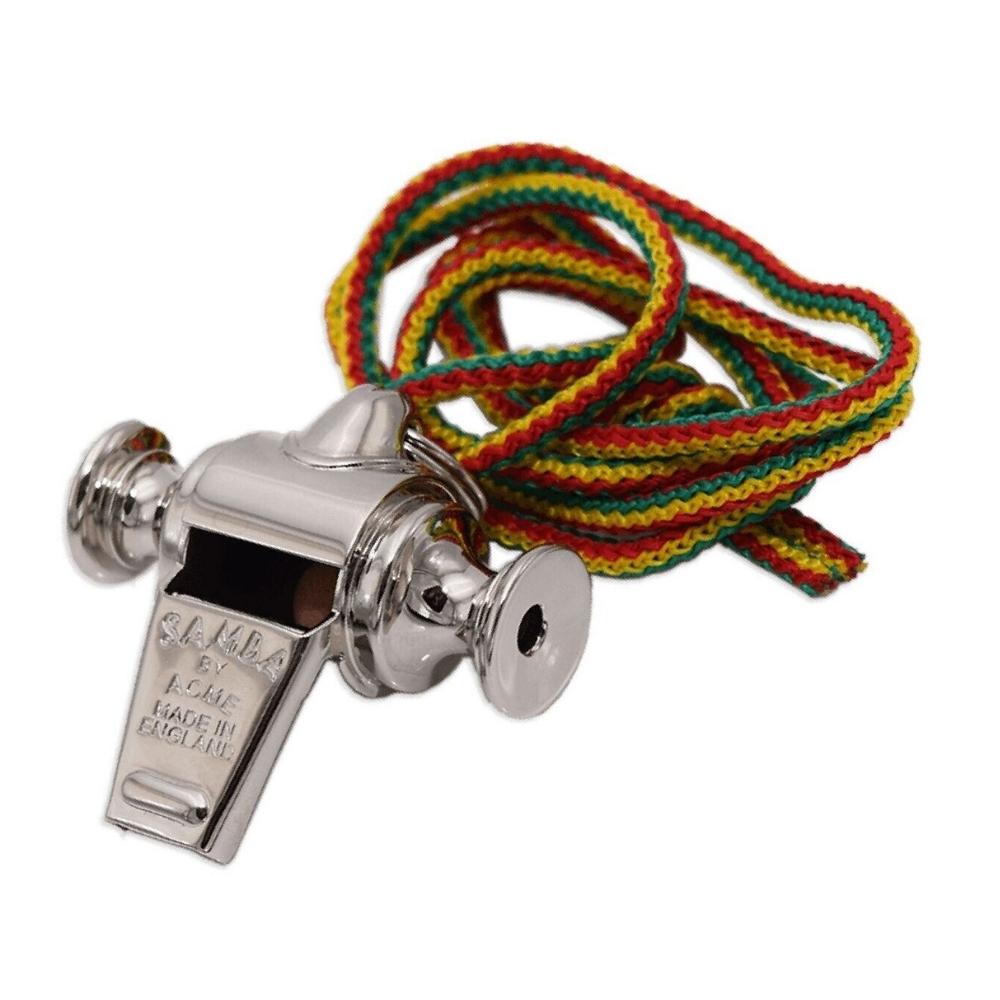 Close-up of ACME samba whistle, made in England, on white background