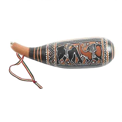 Natural gourd guiro shaker with abstract animal art, and colorful strap.