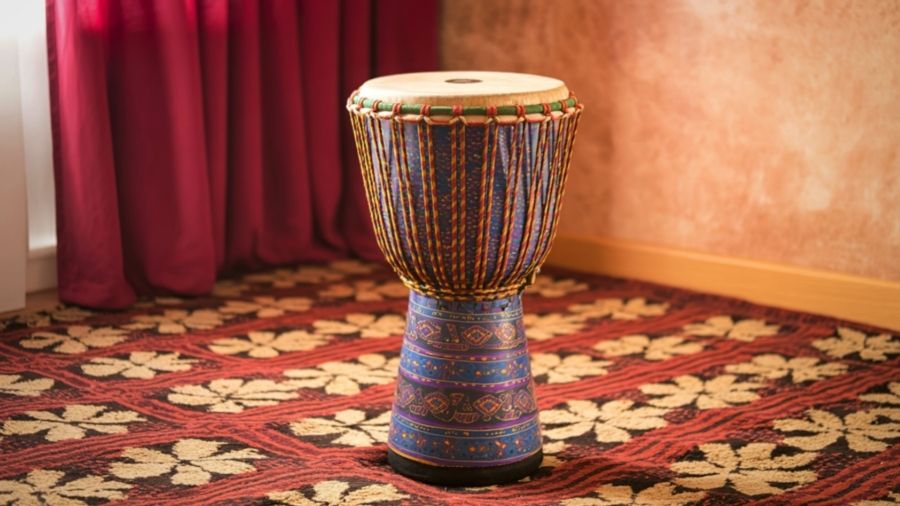 African djembe drum standing upright on a colorful floral carpet, featuring a carved wooden body and a taut natural skin drumhead.