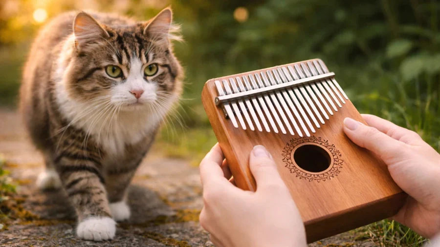 cat walking towards hands playing kalimba