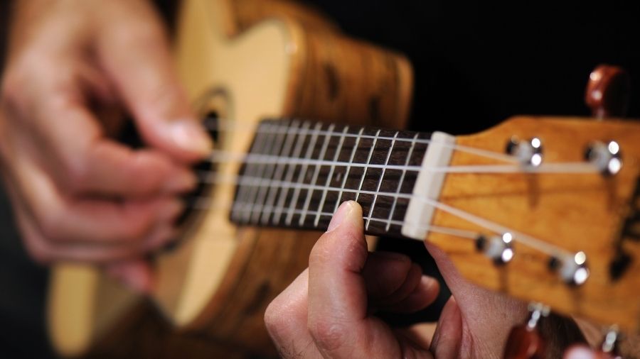 Close-up of fingers pressing the frets on a ukulele neck.