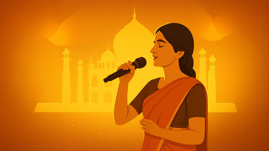 Illustration of an Indian woman in a red saree singing into a microphone on stage, with the golden silhouette of the Taj Mahal glowing in the background under a warm sunset atmosphere.