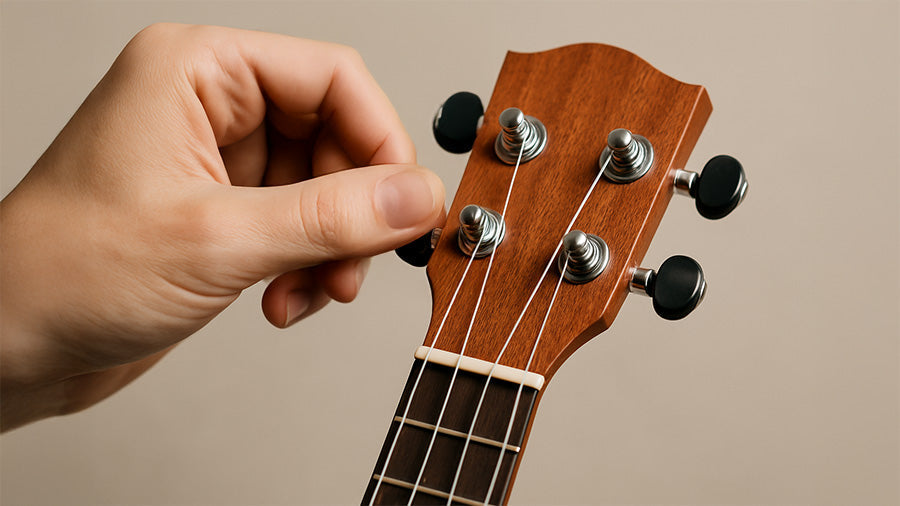Close-up of a hand adjusting a ukulele tuning peg with four strings, focusing on the action of tightening the string on a wooden headstock.
