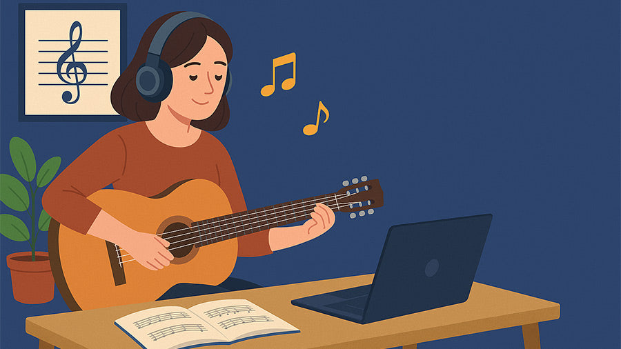 Woman playing guitar with laptop and sheet music