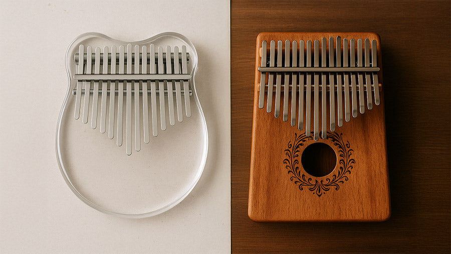Side-by-side comparison of a clear acrylic kalimba and a carved wooden kalimba, both well-lit to highlight their different materials and designs.