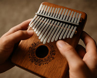 Close-up of hands performing a fast glissando on a carved wooden kalimba, with motion-blurred thumbs and sharp focus on the metal tines.