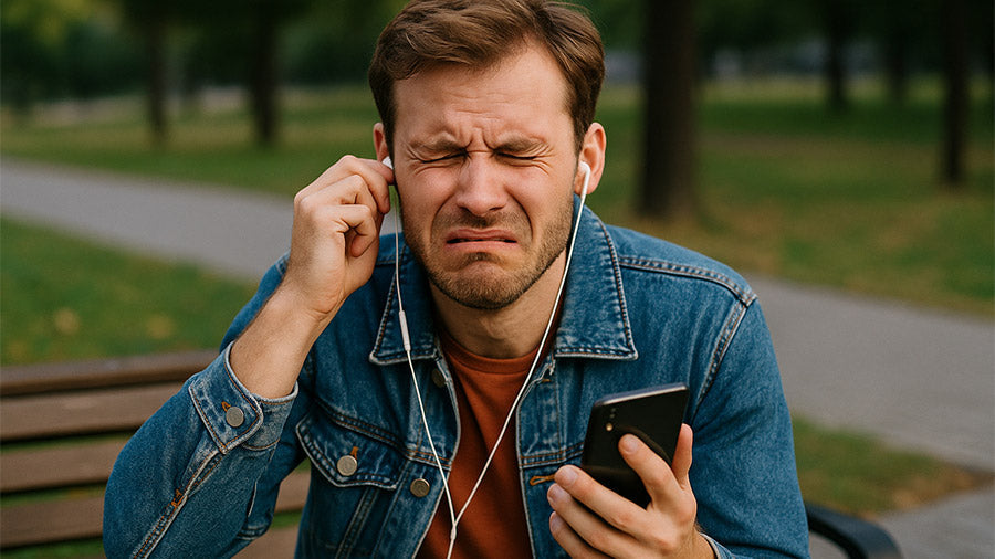 A young man in a denim jacket sits on a park bench, grimacing as he listens to music on earphones and holds his smartphone with a pained expression