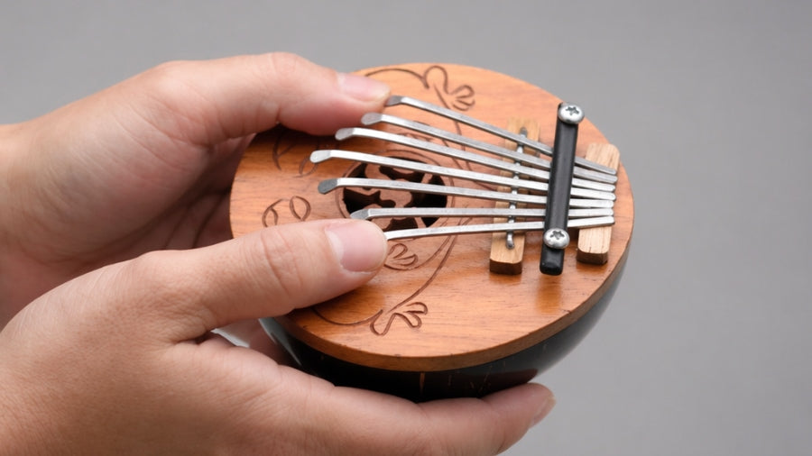thumbs plucking note tines on kuta thumb piano kalimba with light grey studio background