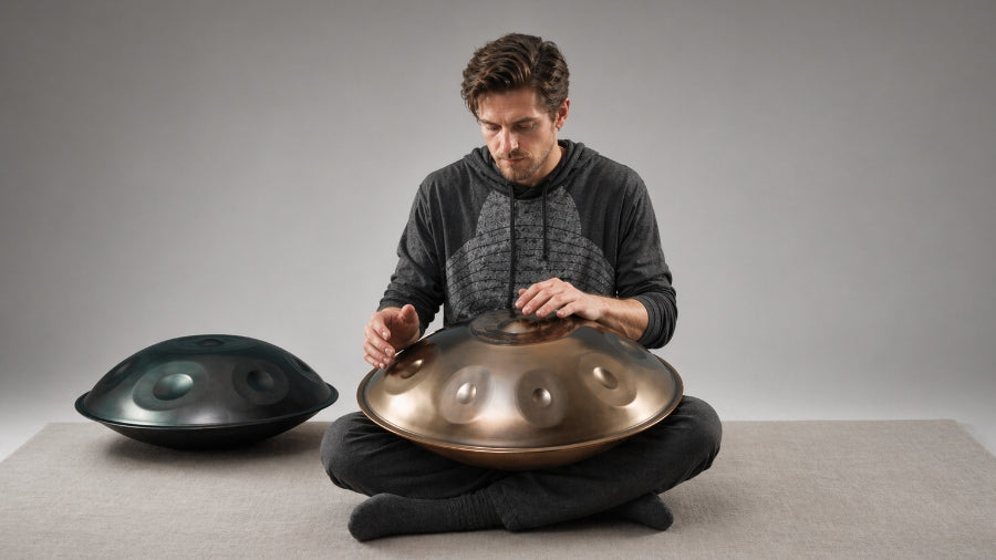 A man sitting on a carpet playing a nitrided steel handpan and a stainless steel pan drum