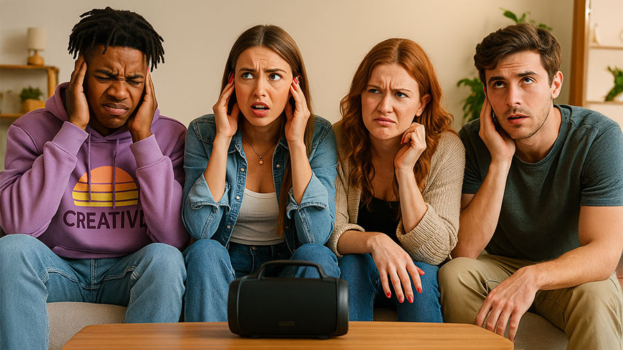 A diverse group of four young adults sit on a sofa reacting with open eyes and exaggerated annoyance to loud music.