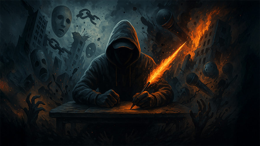 A hooded rapper silhouette sits at a battered desk, writing with a pen that fires glowing energy like a missile, satrical scene.
