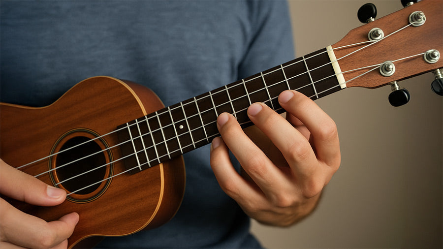 Close-up of hands fingering a pentatonic scale pattern on a ukulele fretboard with clear strings and frets visible.