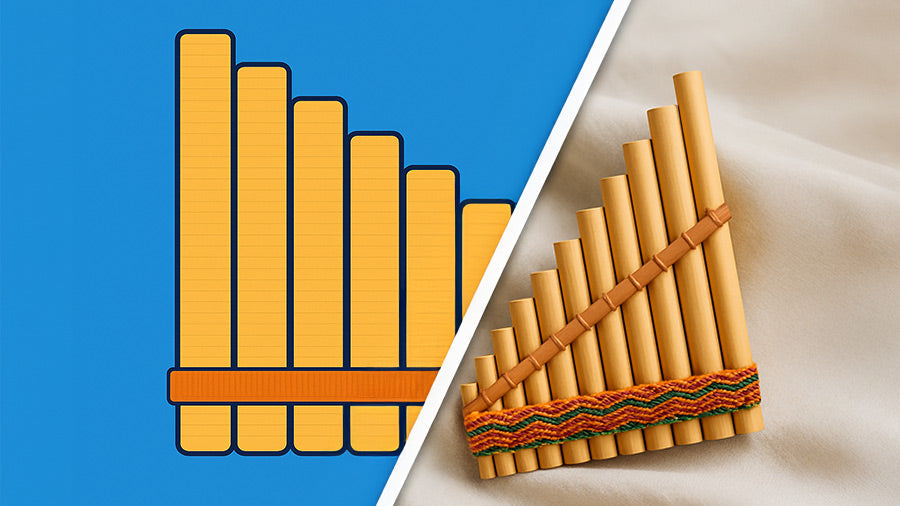 A split-image showing a virtual cartoon-style panpipe on a blue background transitioning into a real bamboo panpipe resting on soft beige fabric, highlighting the difference between digital and physical instruments.
