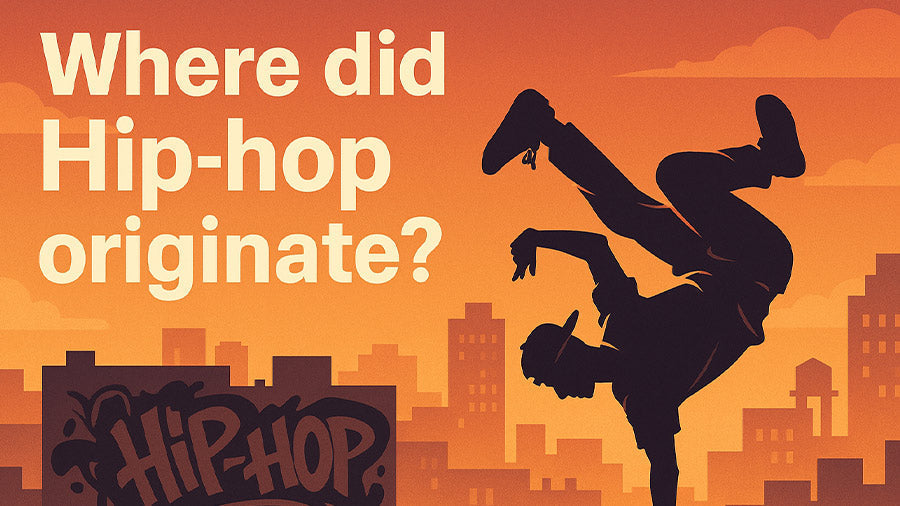 Silhouette of a breakdancer performing a handstand in front of a city skyline at sunset, with graffiti art reading ‘Hip-hop’ on a wall in the background.