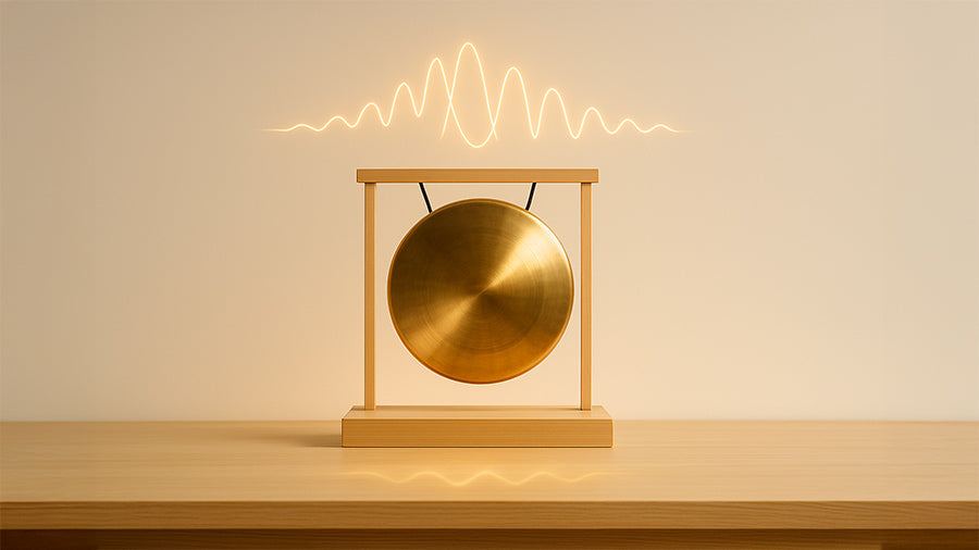 A polished golden gong hangs from a minimalist wooden stand on a light wooden platform, with a glowing audio waveform above it against a soft gradient background.