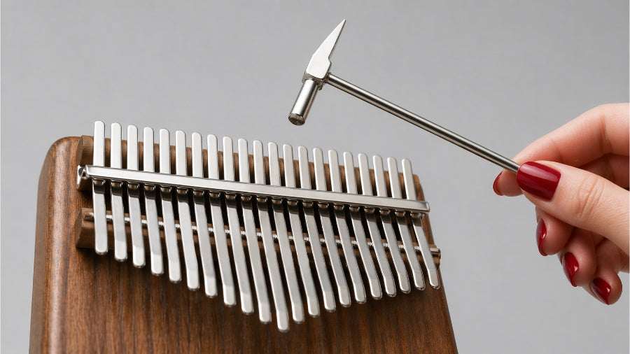 Close up of womens hand holding a tuning hammer and a 21 key kalimba on a light grey studio background