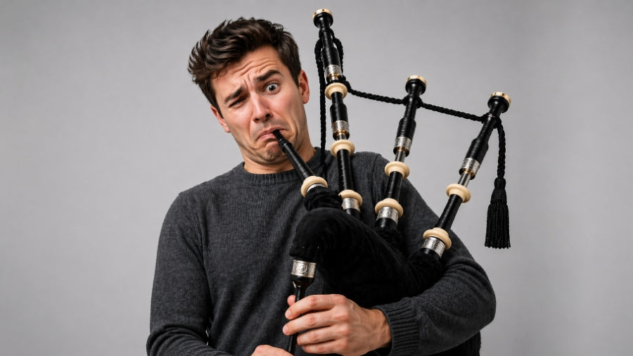 Young man making a frustrated facial expression while attempting to play bagpipes against a clean grey studio background